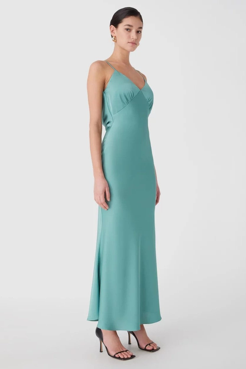 blue dress for baby girl Misha Women's Vida Satin Maxi Dress - Juniper Green