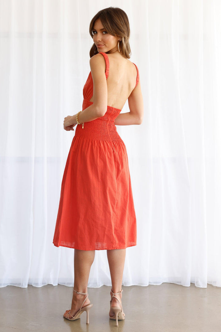 linen dress rust Rust Orange Linen Midi Dress, Vintage Square Neck Linen Dress With Unique Lace Trim Embroidered, Dress With Tie Waist & Button, Women Outfit