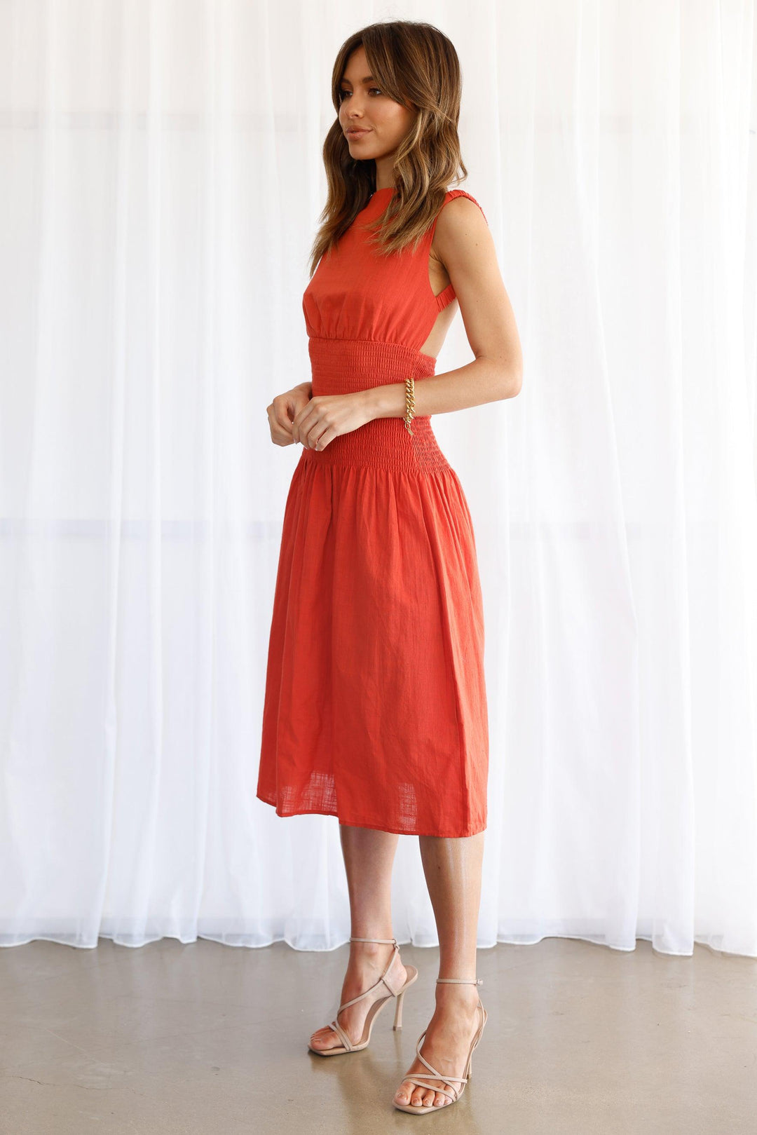 linen rust dress Amelia Ruched Mini Linen Dress in Orange