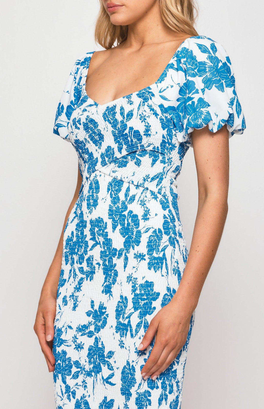 shirred midi dress with sleeves Gia Shirred Midi Dress - Blue