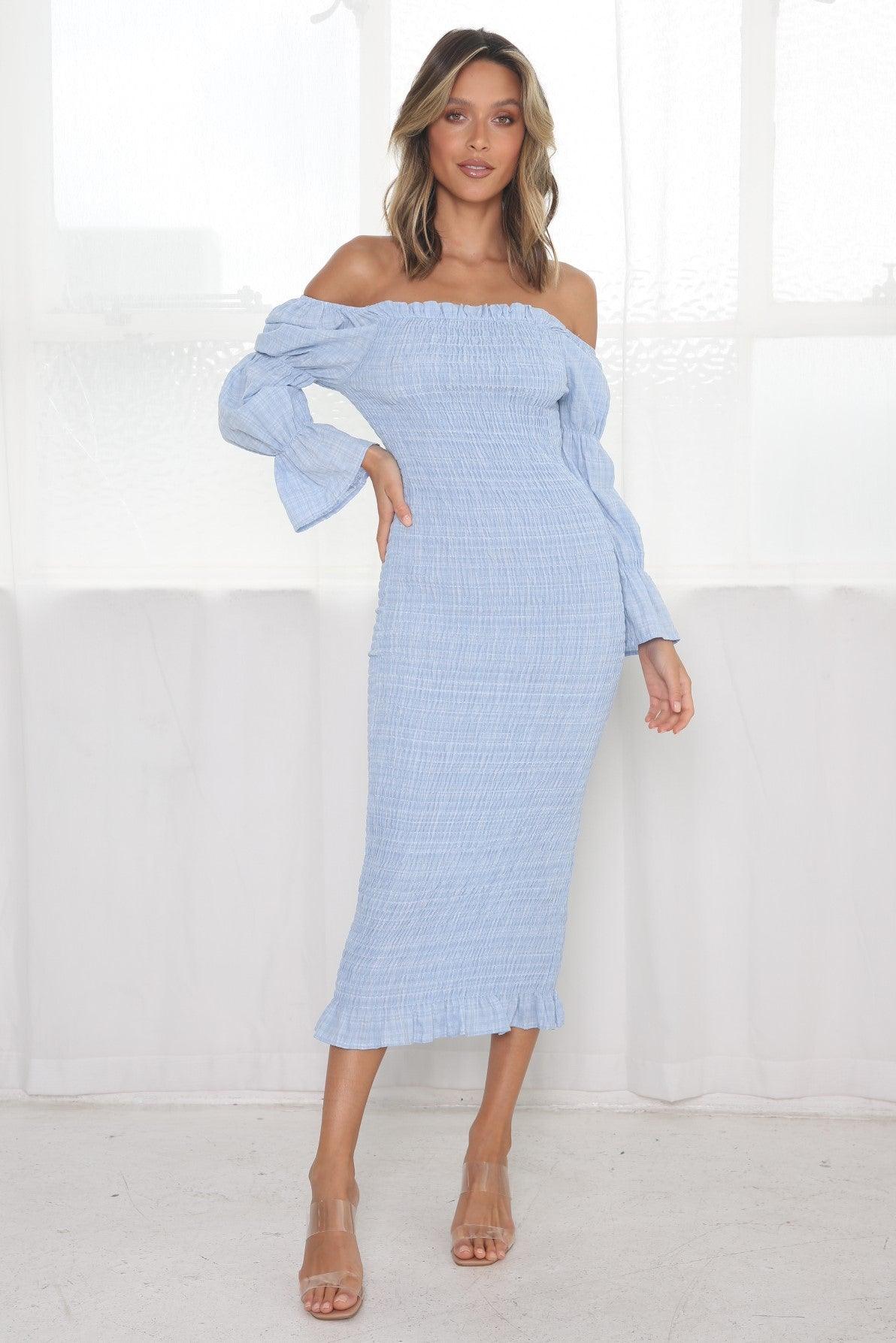 light blue off the shoulder midi dress Rebecca Vallance Off Shoulder Midi Dress in Blue