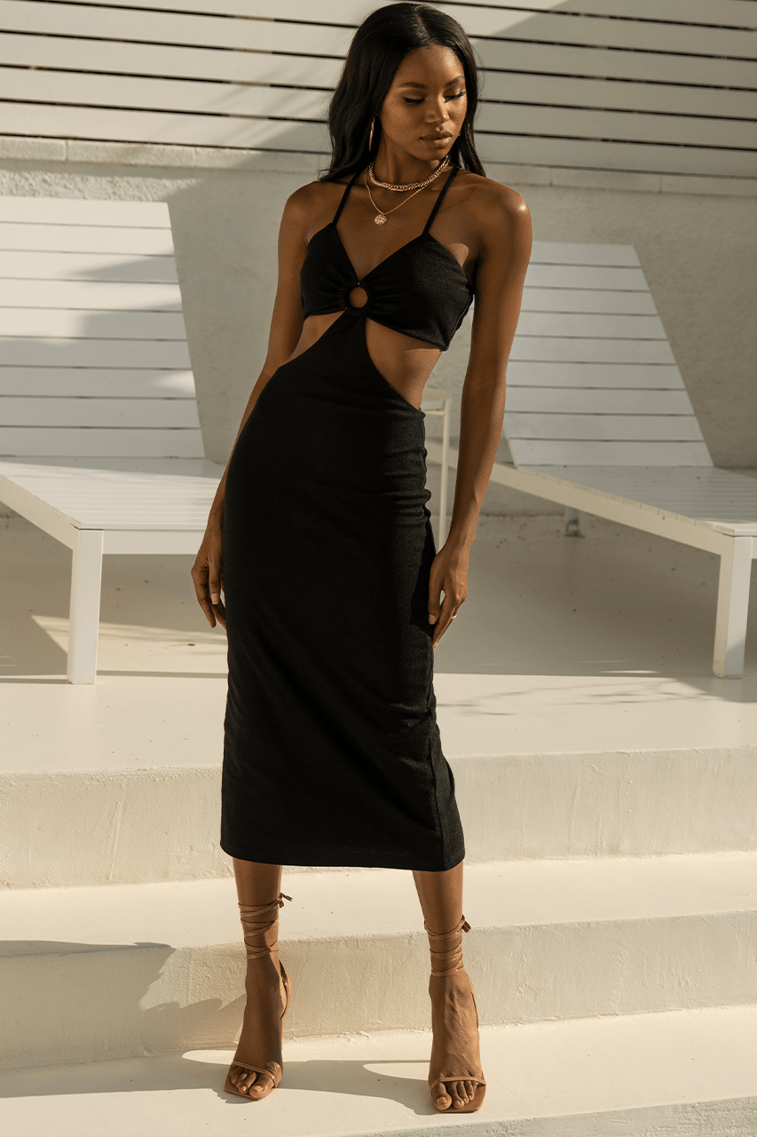 black halo cut out dress Black Halo Vivi Midi Dress in Black