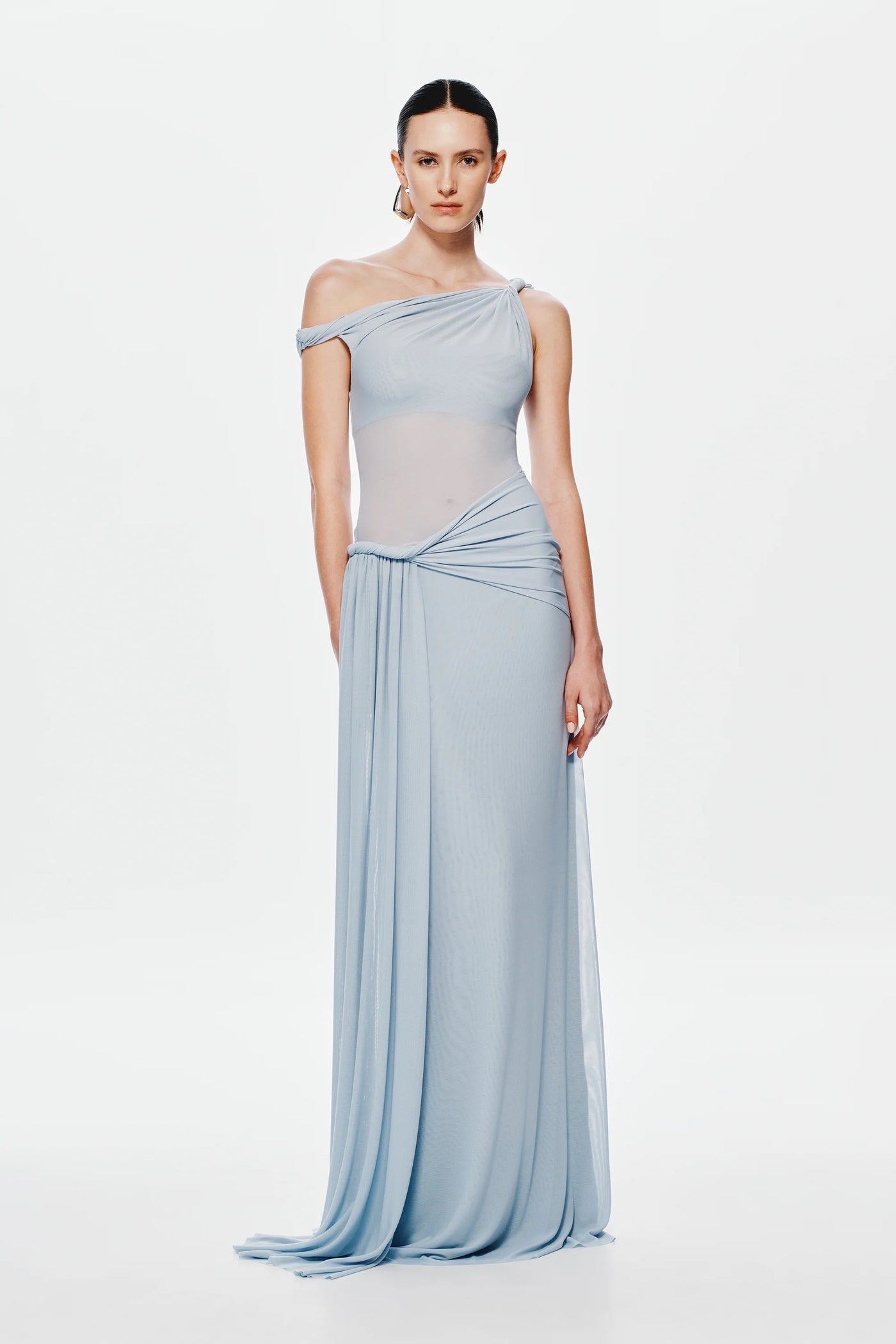 misha asymmetrical mesh dress Misha Sisal Mesh Maxi Dress - Teal Blue