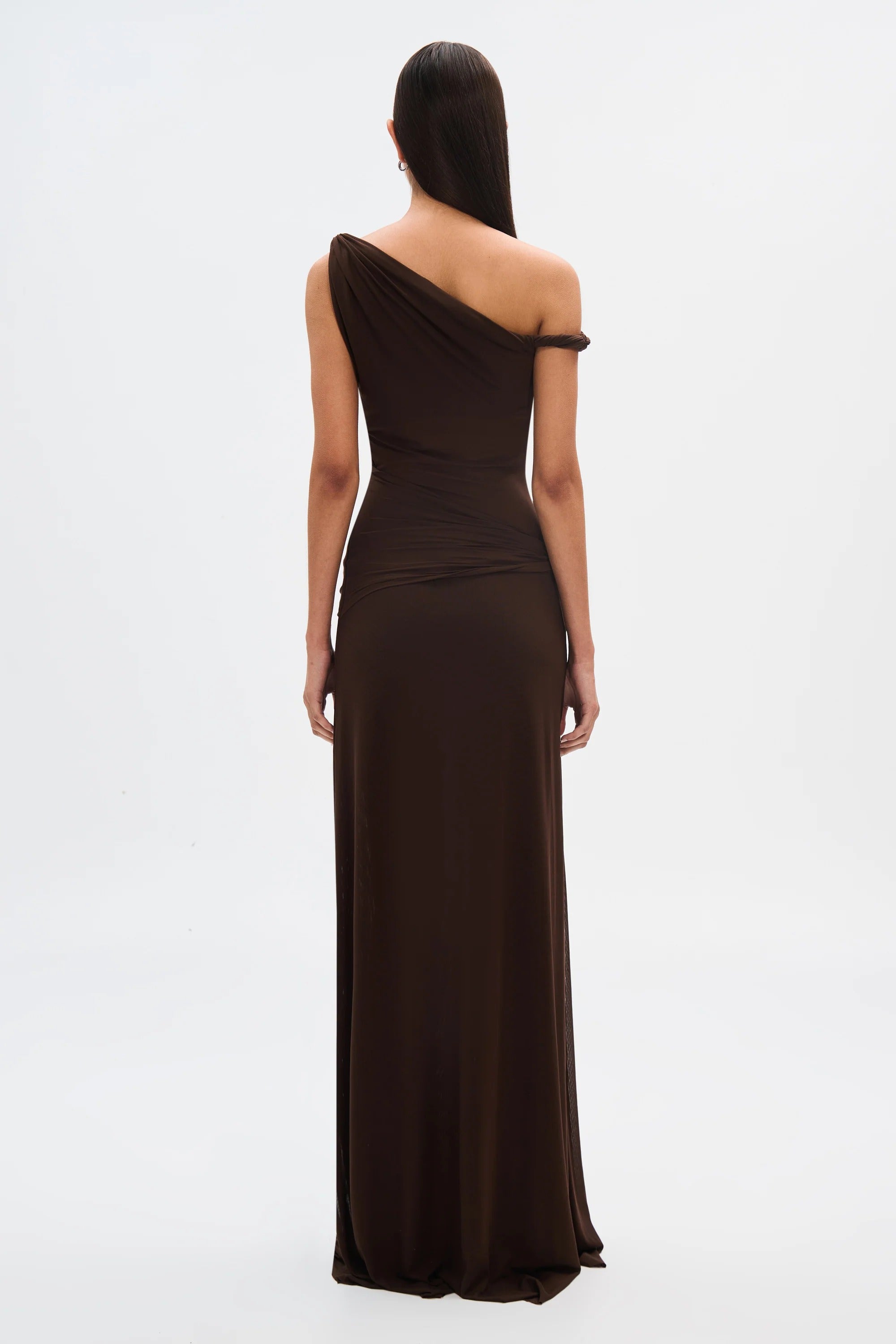 misha sisal one shoulder twist mesh maxi dress Misha Sisal Mesh Maxi Dress - Espresso