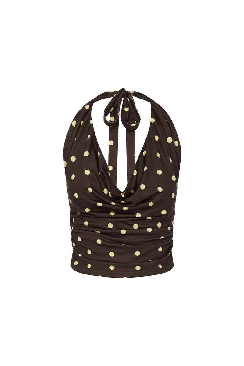Melody Halter Top - Choc/Lemon Polka