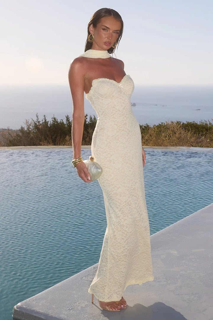 afrm siobhan strapless mesh maxi dress Amana Strapless Scarf Maxi Dress