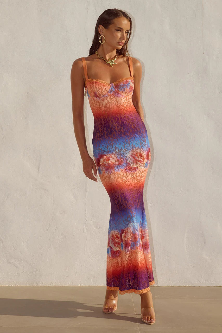 Runaway The Label Serina Lace Maxi Dress in Orange,Blue