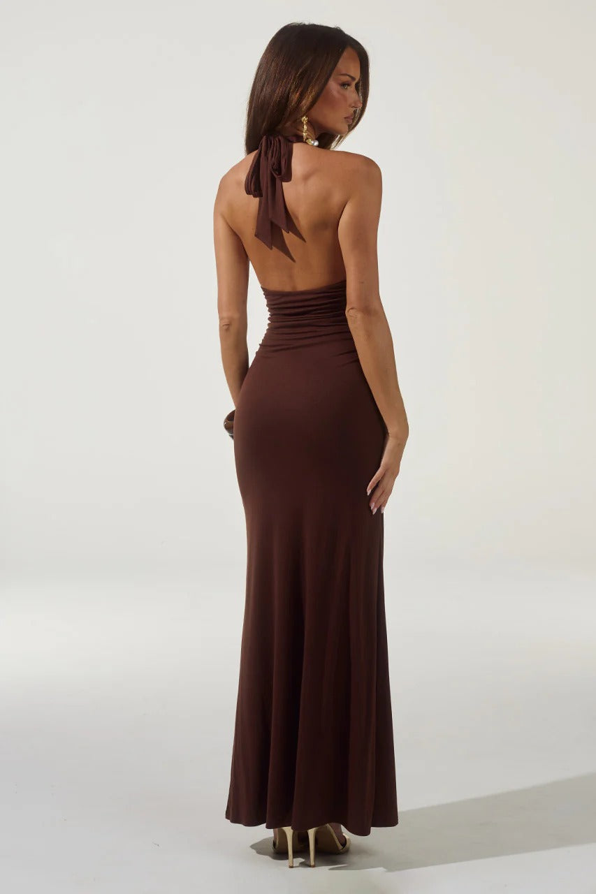 chinese dress ladies Runaway The Label Arina Halter Maxi Dress | Brown | Size L