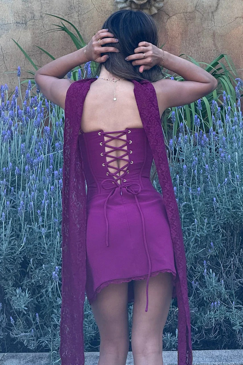 STARLA BUSTIER SCARF MINI DRESS - PLUM - S STARLA BUSTIER SCARF MINI DRESS - PLUM - S