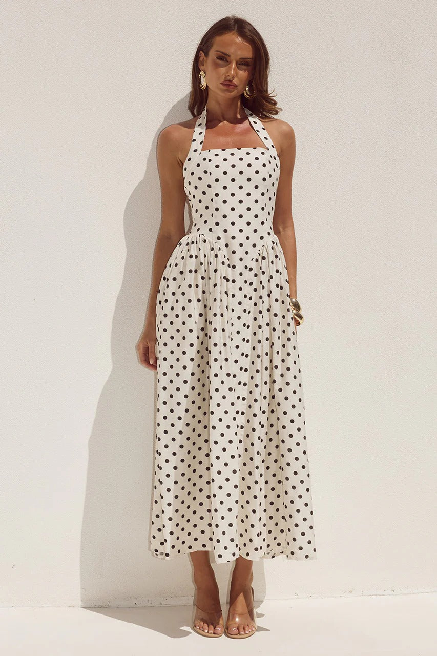 Runaway The Label Sammi Midi Dress - Cream/Black Polka