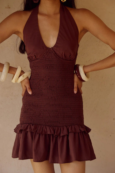 Fleur Shirred Halter Mini Dress - Chocolate