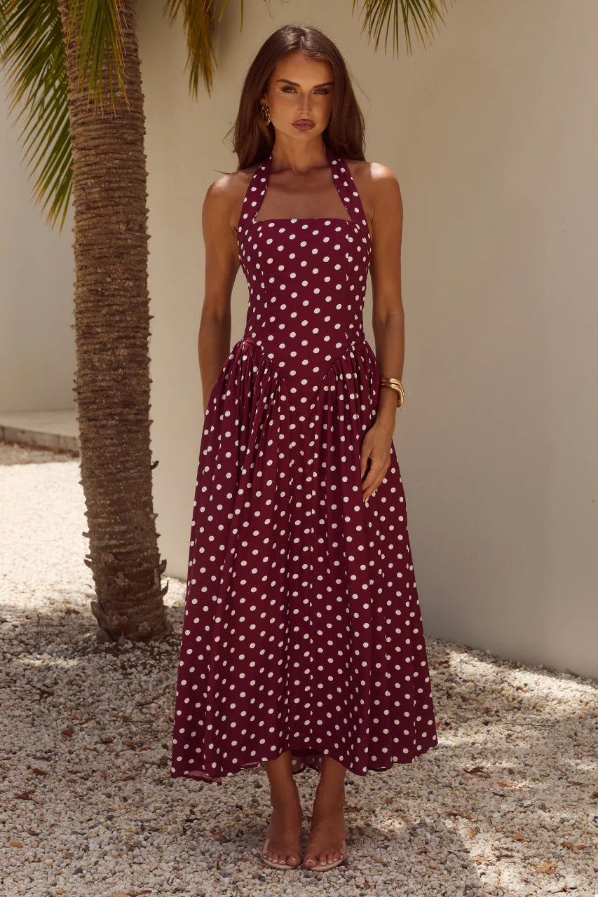 midi dress wine Runaway The Label Sammi - Wine/White Polka d237 midi bell shaped sleeves and Adding Long Sleeves with SIZE:36 X 30