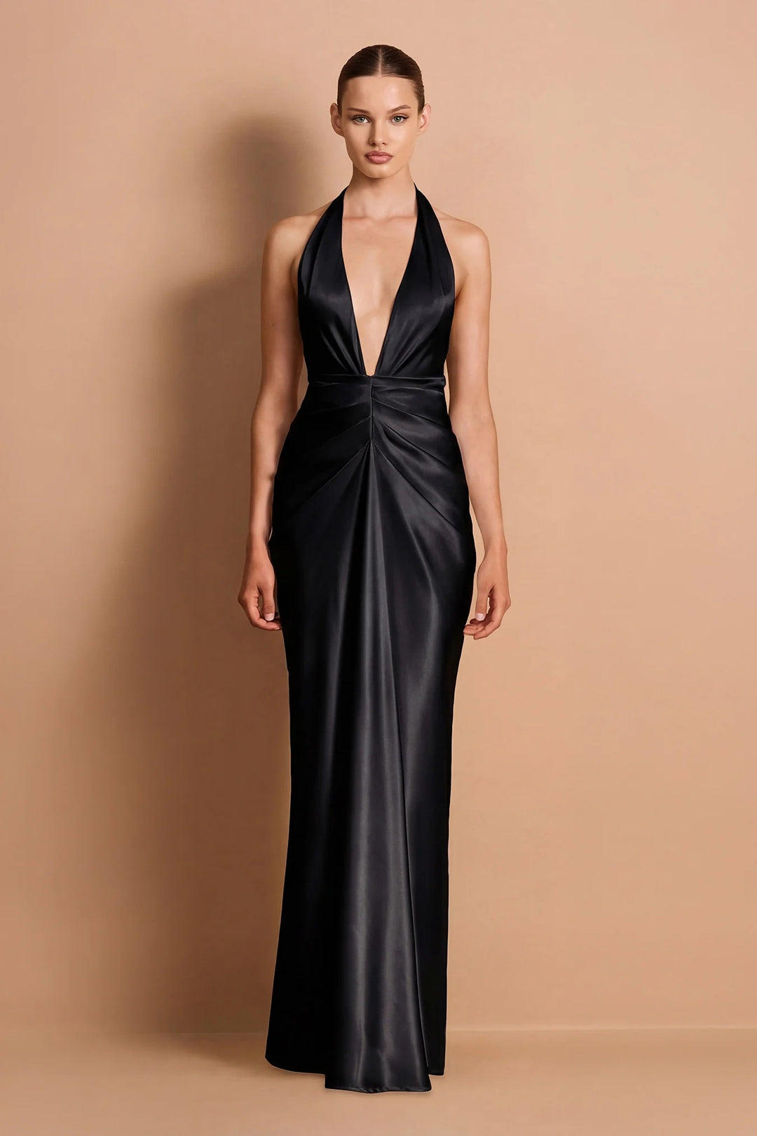 black dress plunge neckline Harlow Gown / XS Color:London Fog shivani divine wear Cute 2 Piece Black 5% Elastane) Worn length
