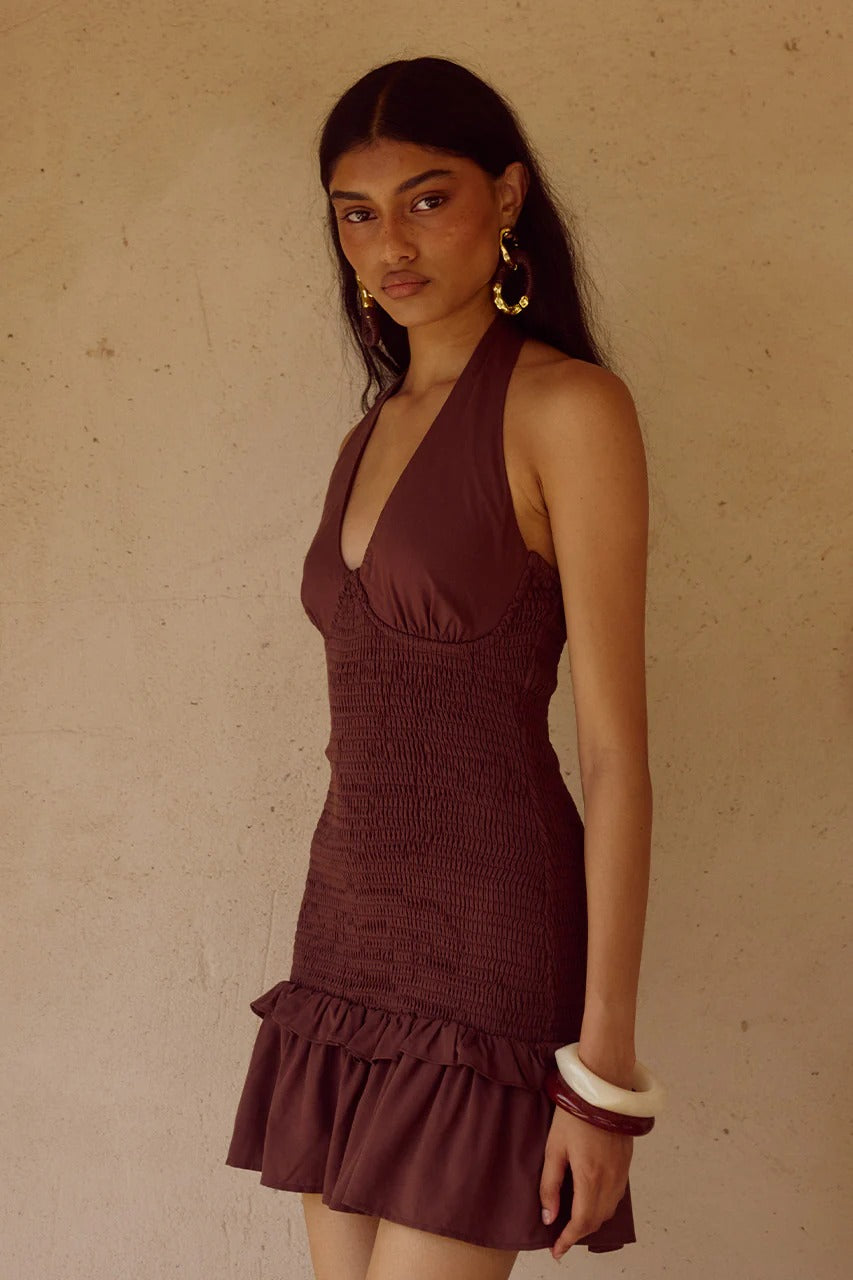 Fleur Shirred Halter Mini Dress - Chocolate