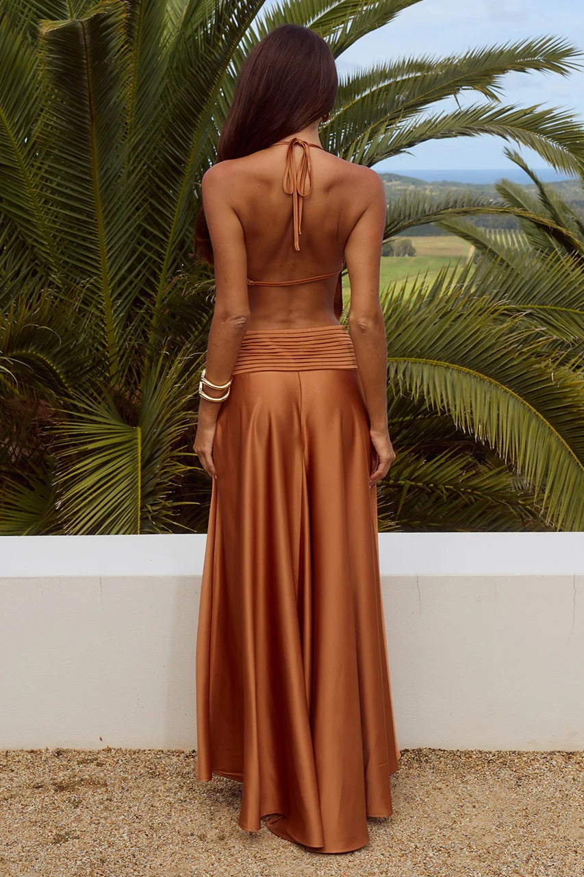 knee length dresses for ladies Rust Shimmer Open Tie Back Maxi Dress main image 0