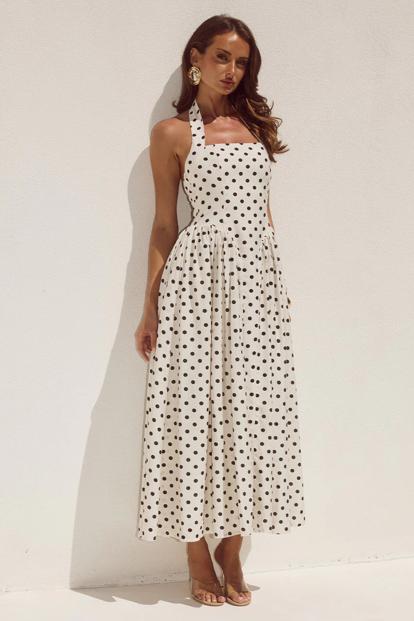 Runaway The Label Sammi Midi Dress - Cream/Black Polka