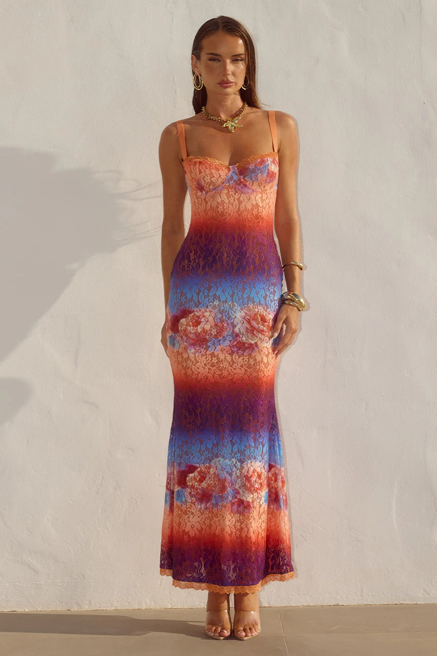 pink ombre maxi dress Runaway The Label Serina LACE in Orange,Blue Ombre Metallic gold thread Length:52