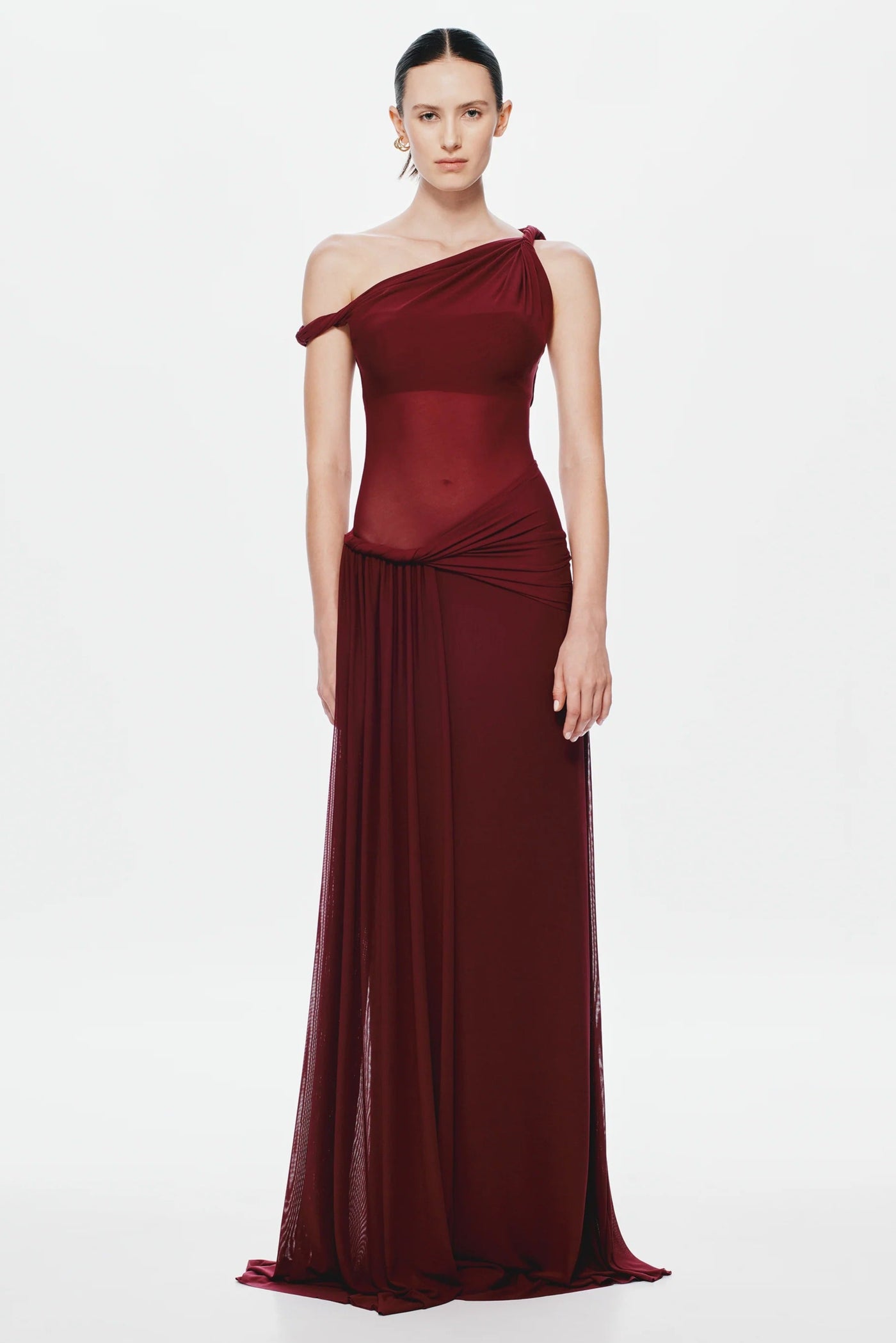 misha sisal asymmetrical draped mesh maxi dress MISHA Sisal One-Shoulder Twist Mesh Maxi Dress