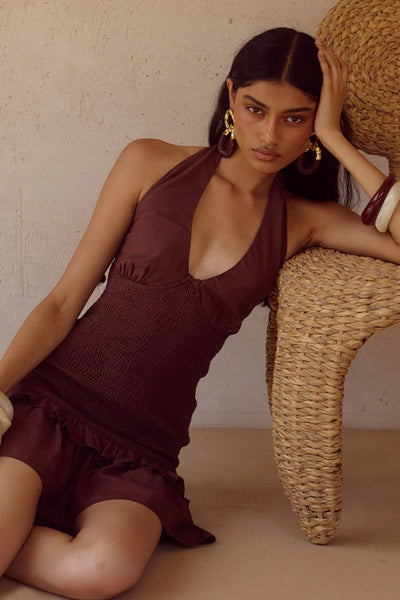 Fleur Shirred Halter Mini Dress - Chocolate