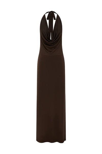 Lotus Halter Cowl Maxi Dress - Bitter Chocolate