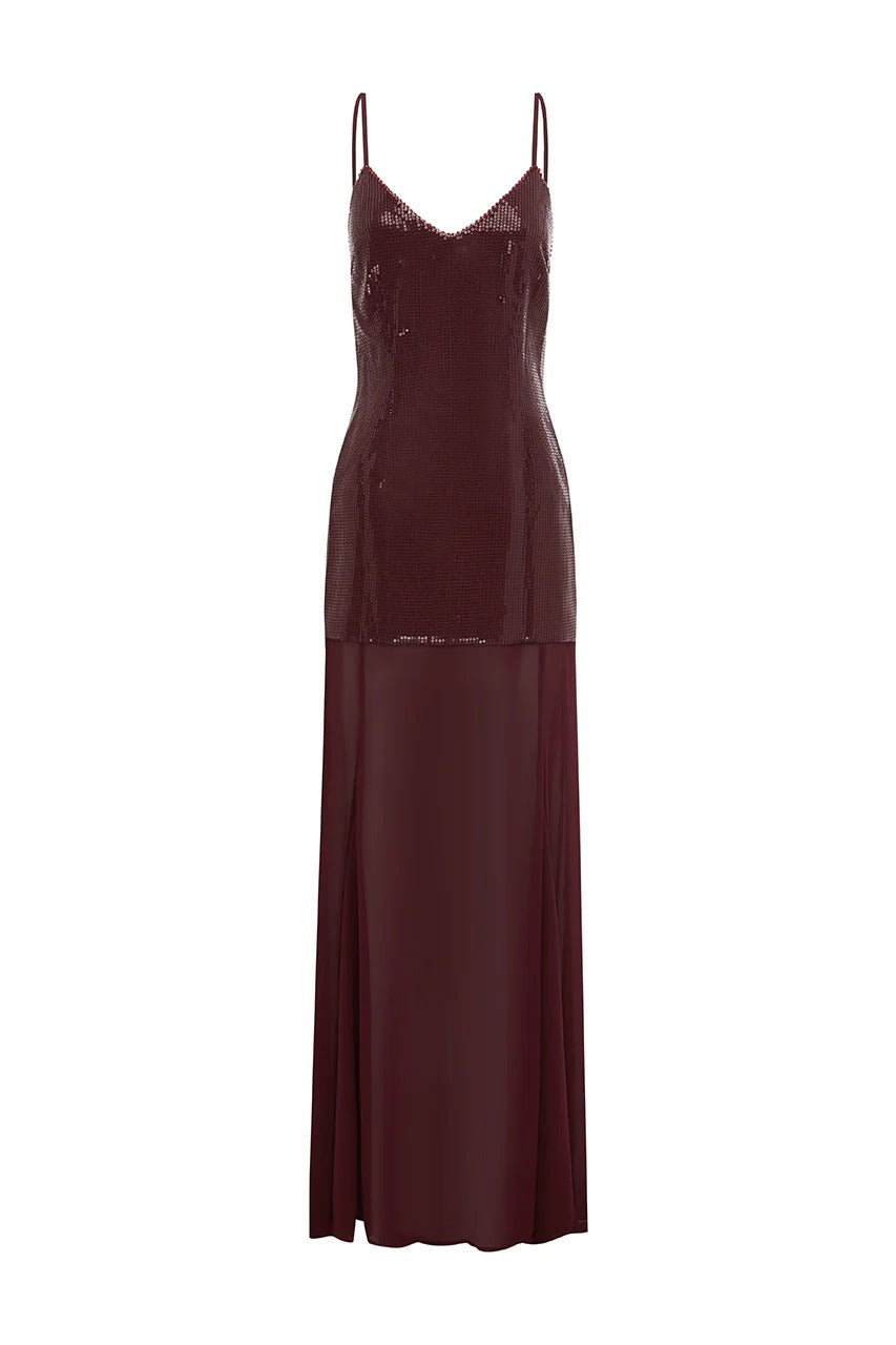 90s red and black layered mesh dress TULIA LOW BACK MAXI DRESS - WINE