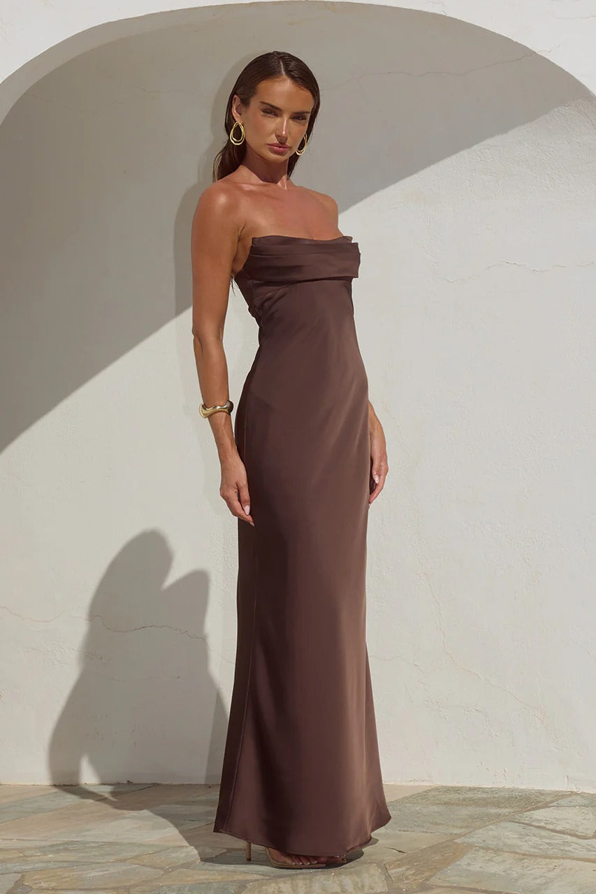 chocolate brown strapless dress Runaway The Label Madeleine Maxi in Beaded-Fringe Long Prom Dress: Color:Nude and Ivory/Ivory Liner Embody sophistication in our BEGE