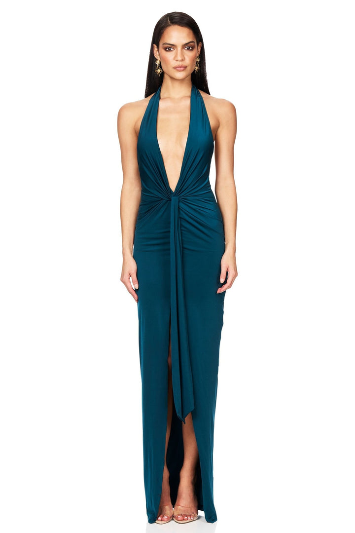 blue dress for baby girl Jovani Teal Backless Halter Neckline Velvet Prom Dress – Saris and Things main image 1