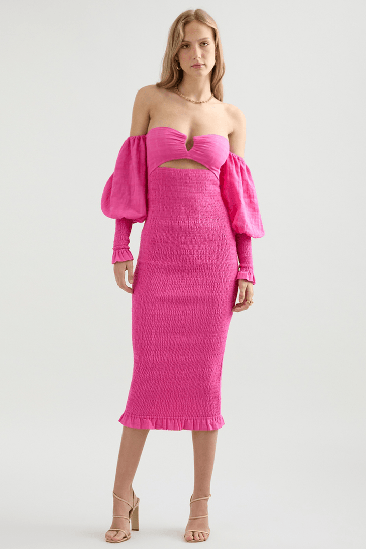 shirred pink dress Franni Shirred Drop Waist Mini Dress Pink