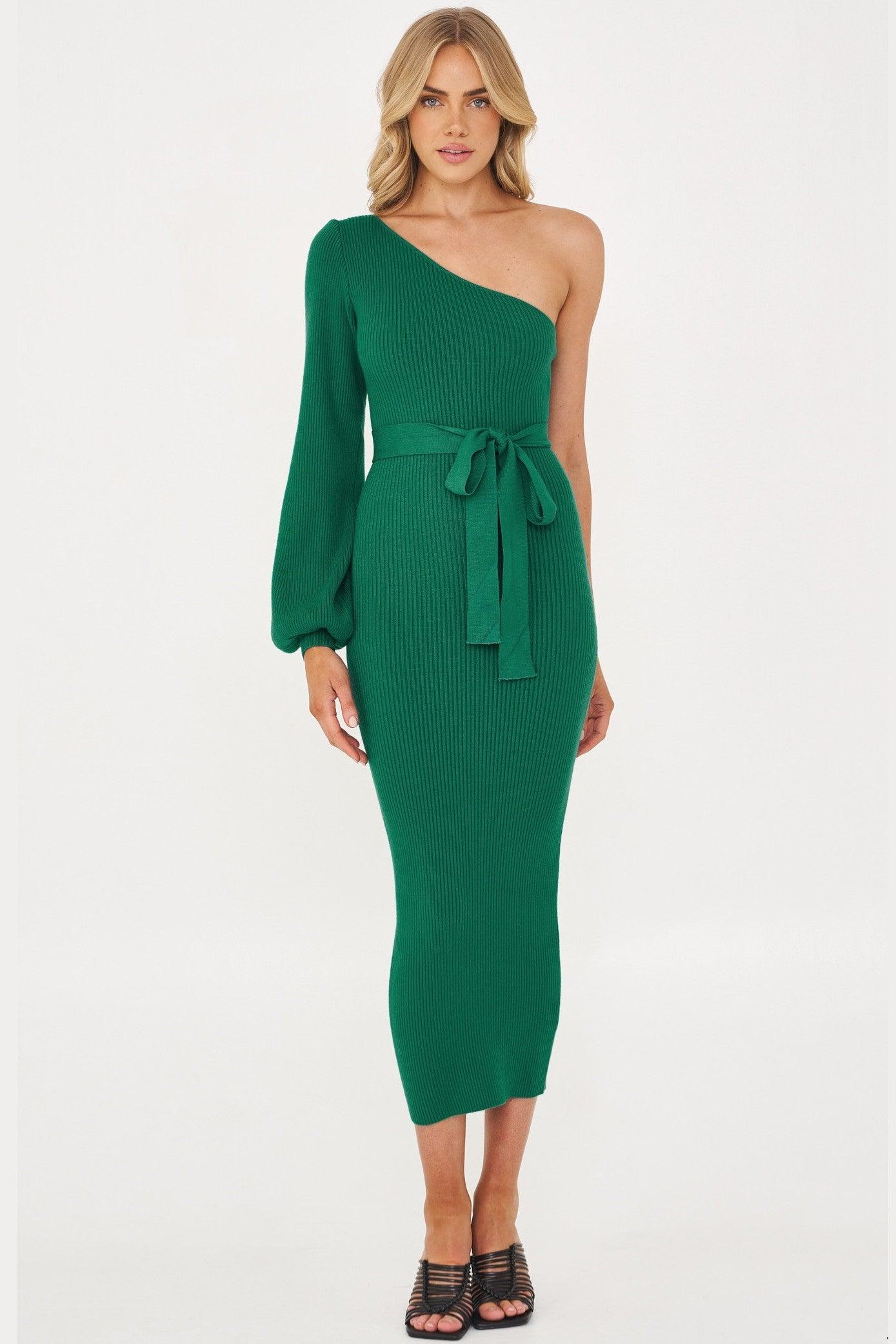 Merino One Shoulder Knit Dress - Emerald - JAUS