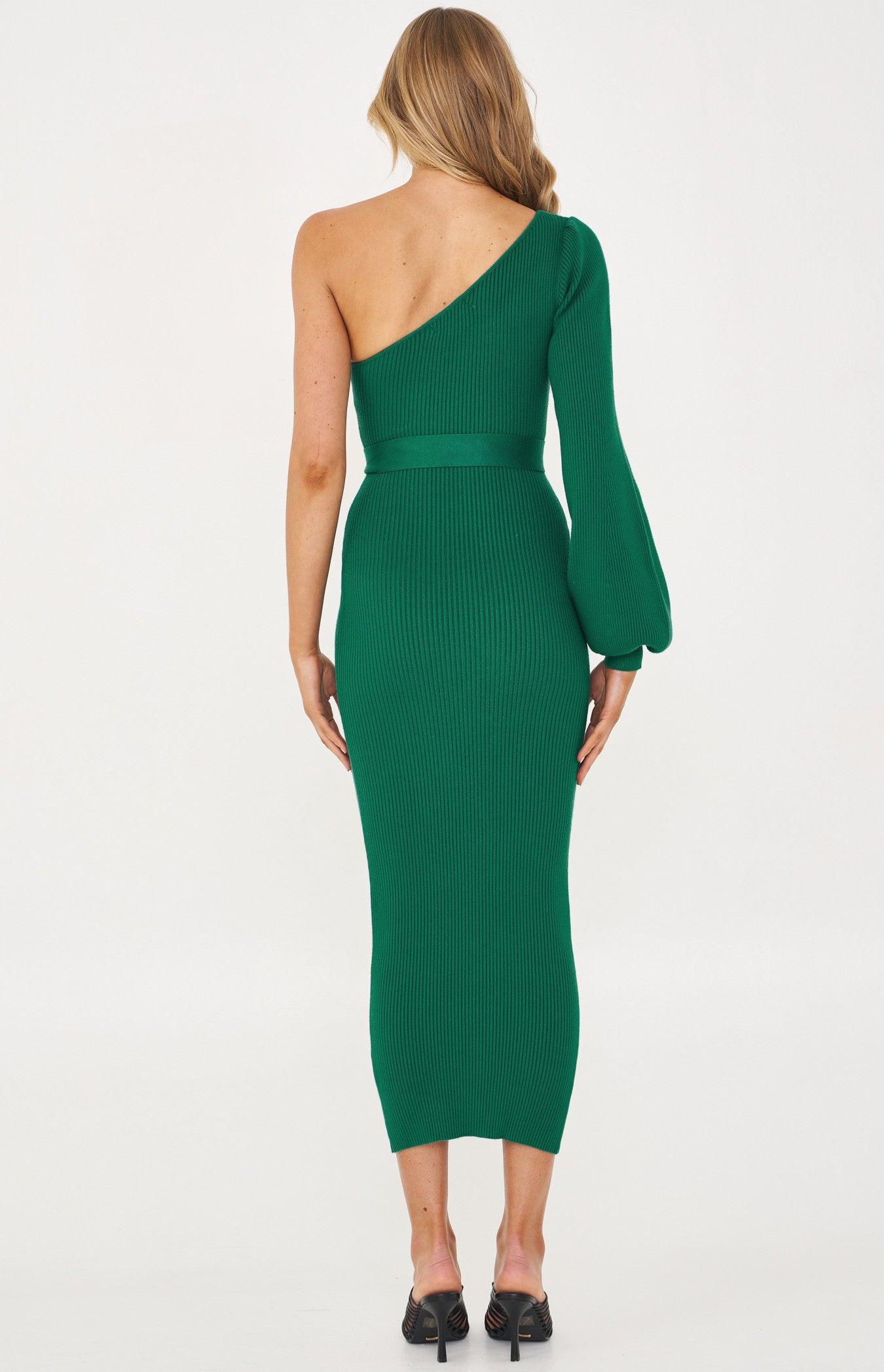 Merino One Shoulder Knit Dress - Emerald - JAUS