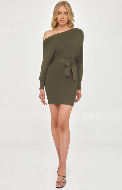 Mia Off Shoulder Knit Dress - Olive - JAUS
