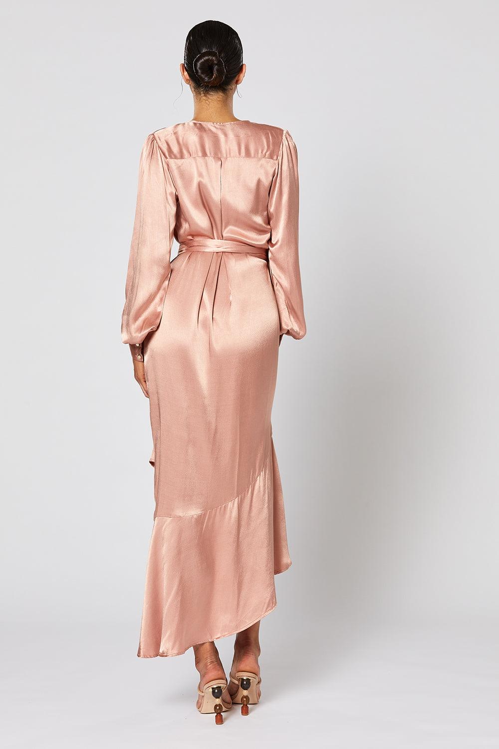 green emerald velvet dress Light Pink Wrap Satin Dress With Flutter Sleeves