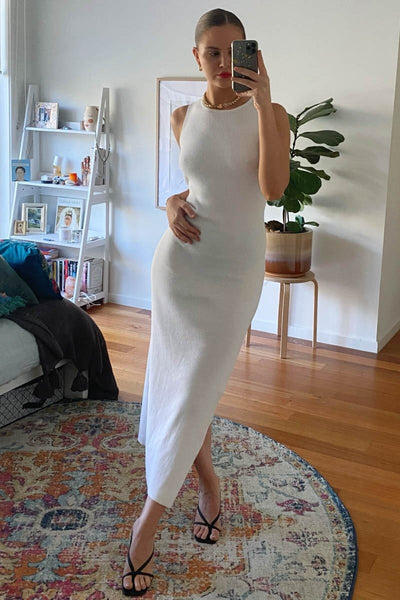 Mish Ribbed Maxi Dress - White - JAUS