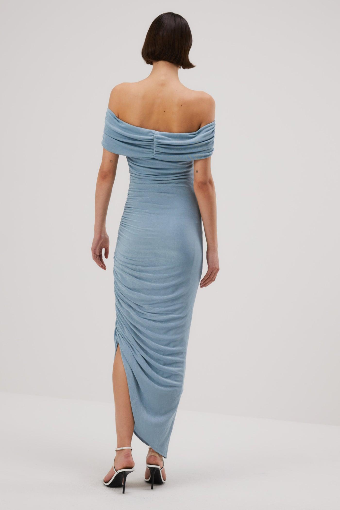 misha off the shoulder dress Misha Keoni Slinky Jersey Midi Dress - Sterling Blue