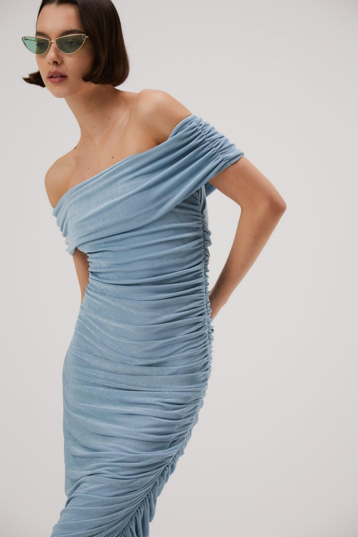 misha off the shoulder dress Misha Keoni Slinky Jersey Midi Dress - Sterling Blue