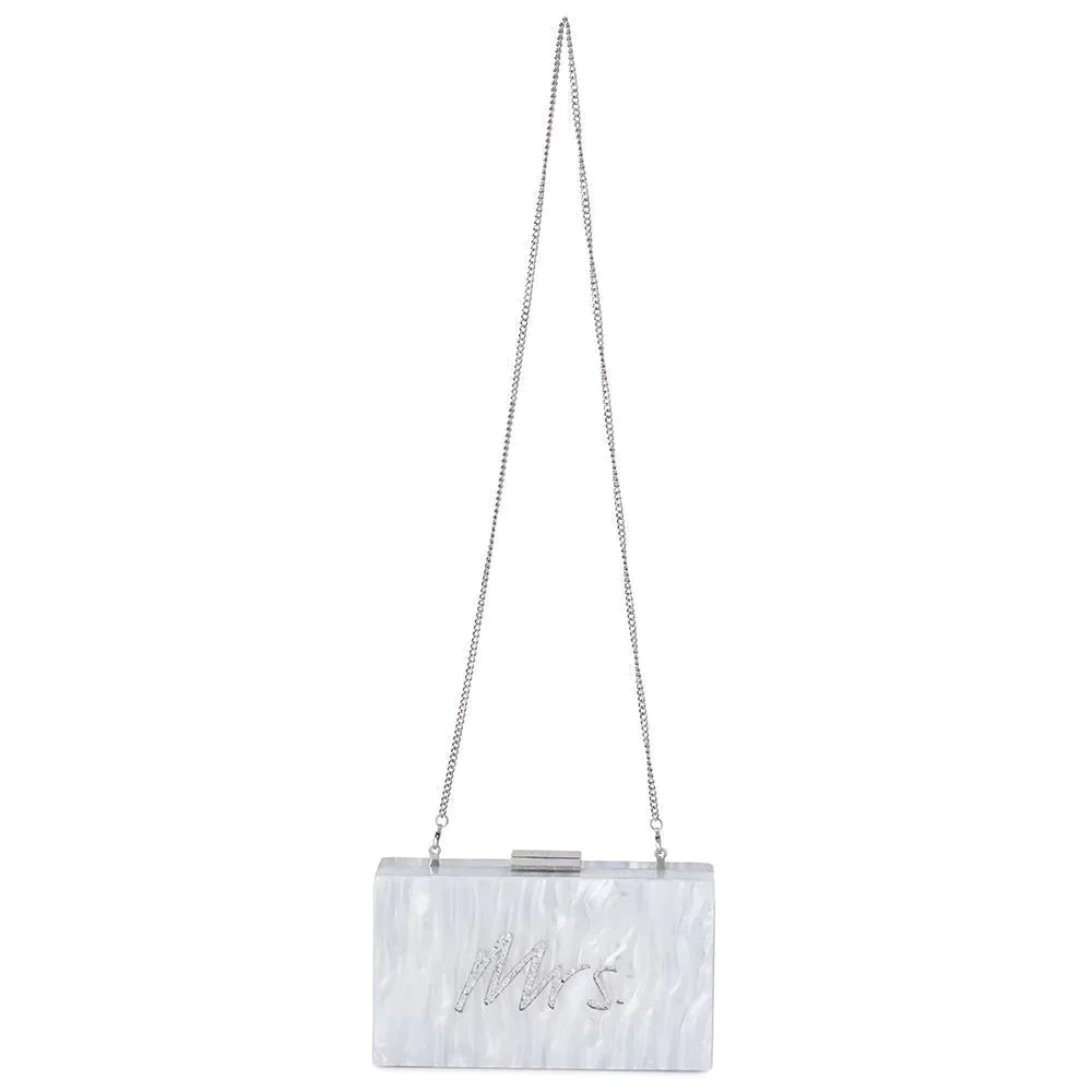 Mrs Acrylic Glitter Box Clutch - White/Silver - JAUS