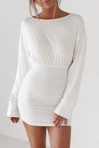 Open Back Long Sleeve Mini Dress - White - JAUS