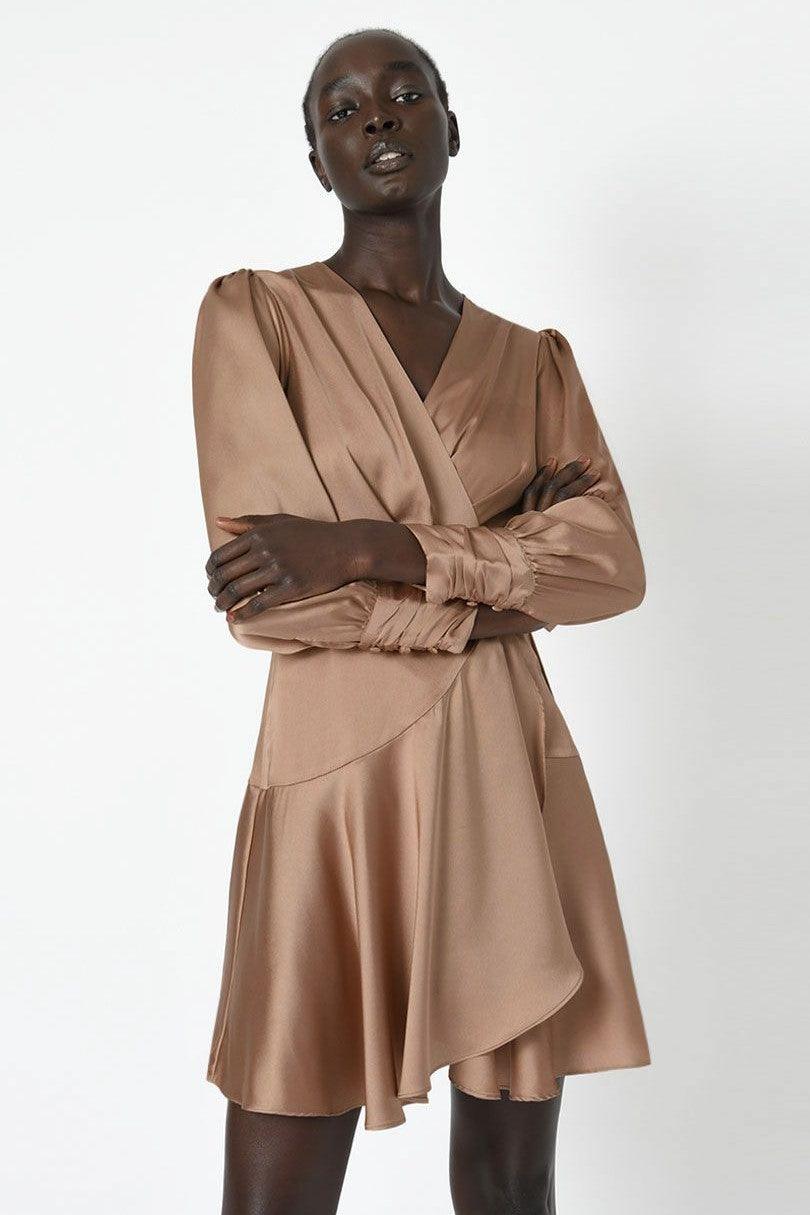 Pena Long Sleeve Wrap Dress - Bronze - JAUS