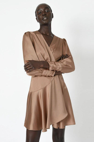 Pena Long Sleeve Wrap Dress - Bronze - JAUS