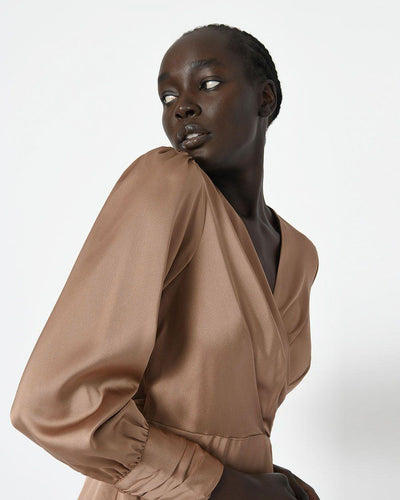 Pena Long Sleeve Wrap Dress - Bronze - JAUS
