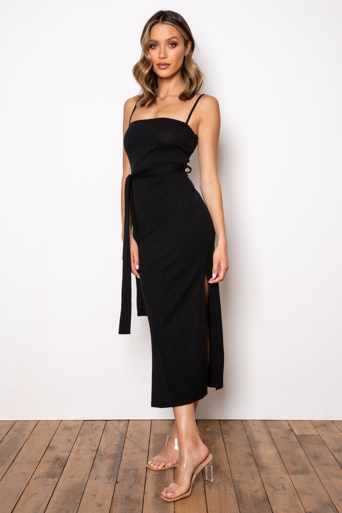 Rib Midi Dress - Black - JAUS