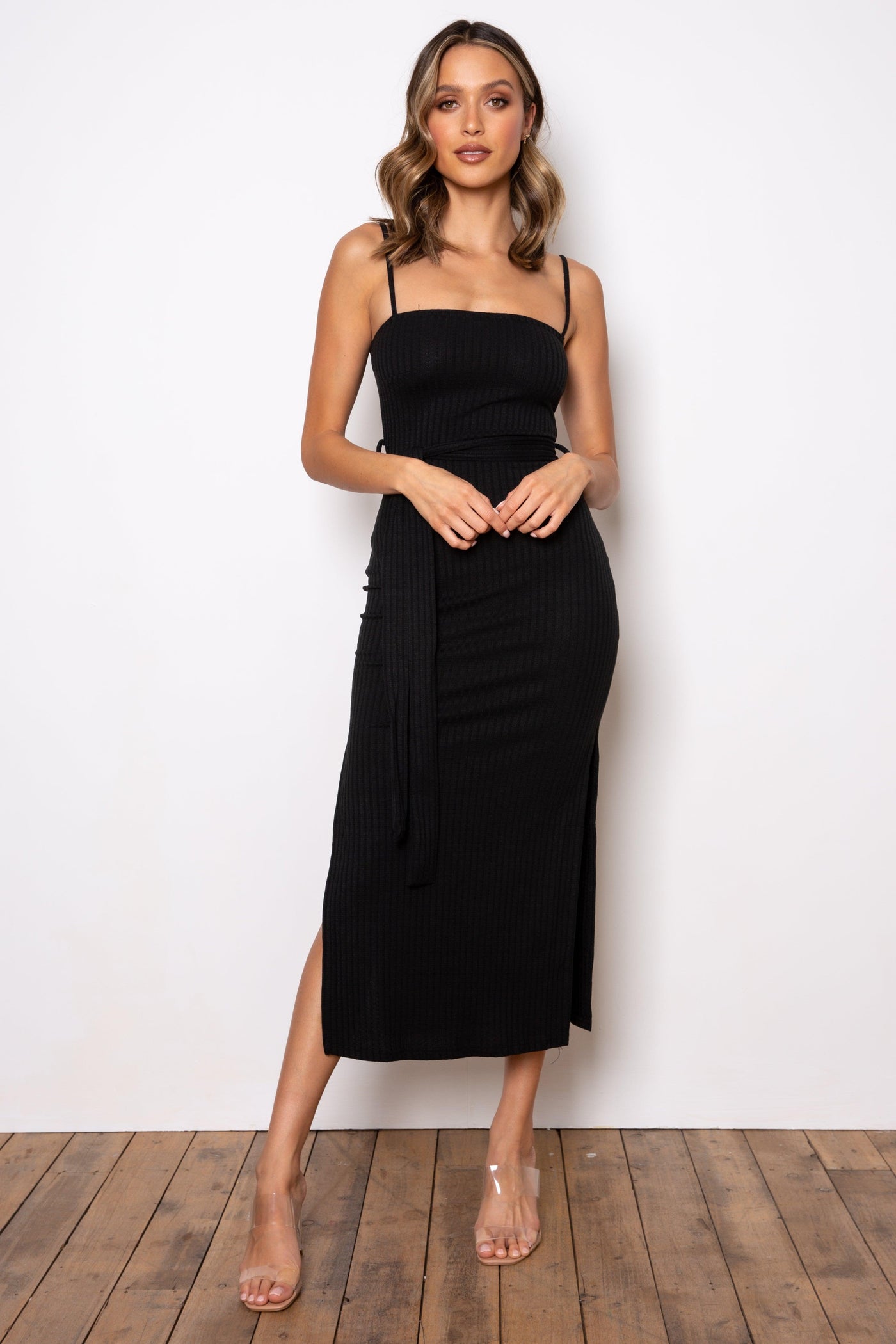 Rib Midi Dress - Black - JAUS