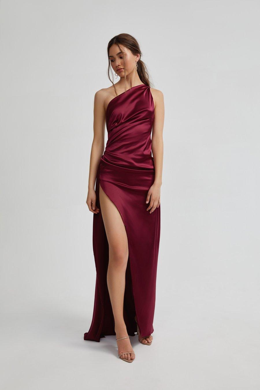 strapless open back dress BABARONI One Shoulder Mermaid Dresses with Slit Burgundy, Burgundy / US0 main image 0