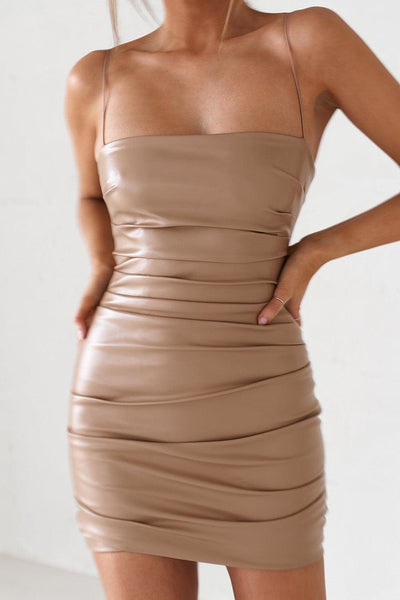 Vegan Leather Mini Dress - Tan - JAUS