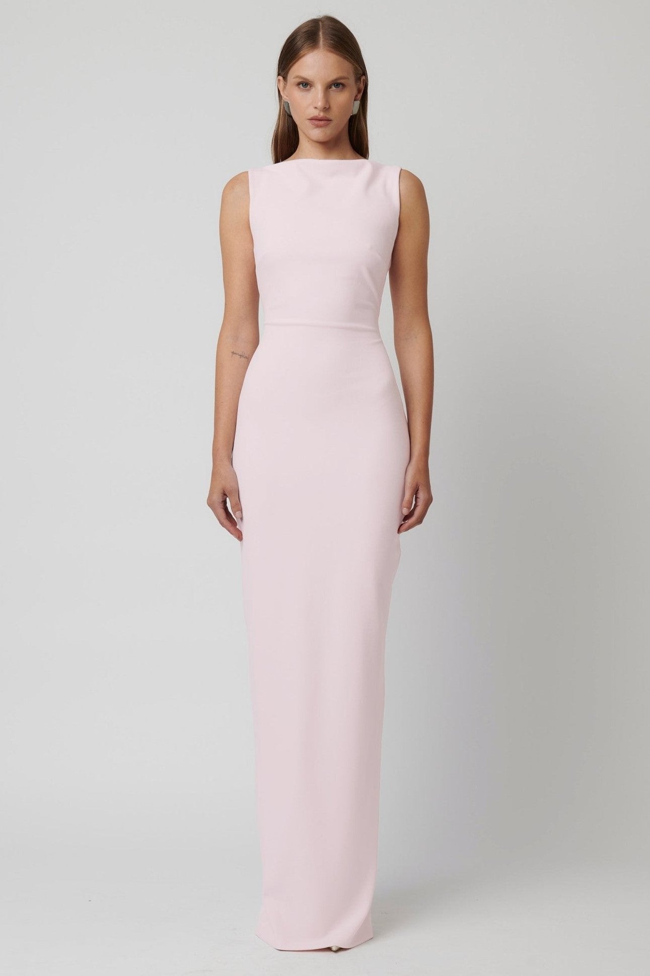 Effie Kats Verona High Neck Backless Crepe Gown In Ice Pink, Size Xs
